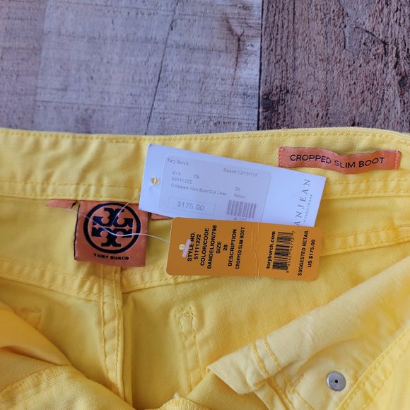 Tory Burch Cropped Slim Boot Dandelion Yellow Jeans 28 - Picture 10 of 16